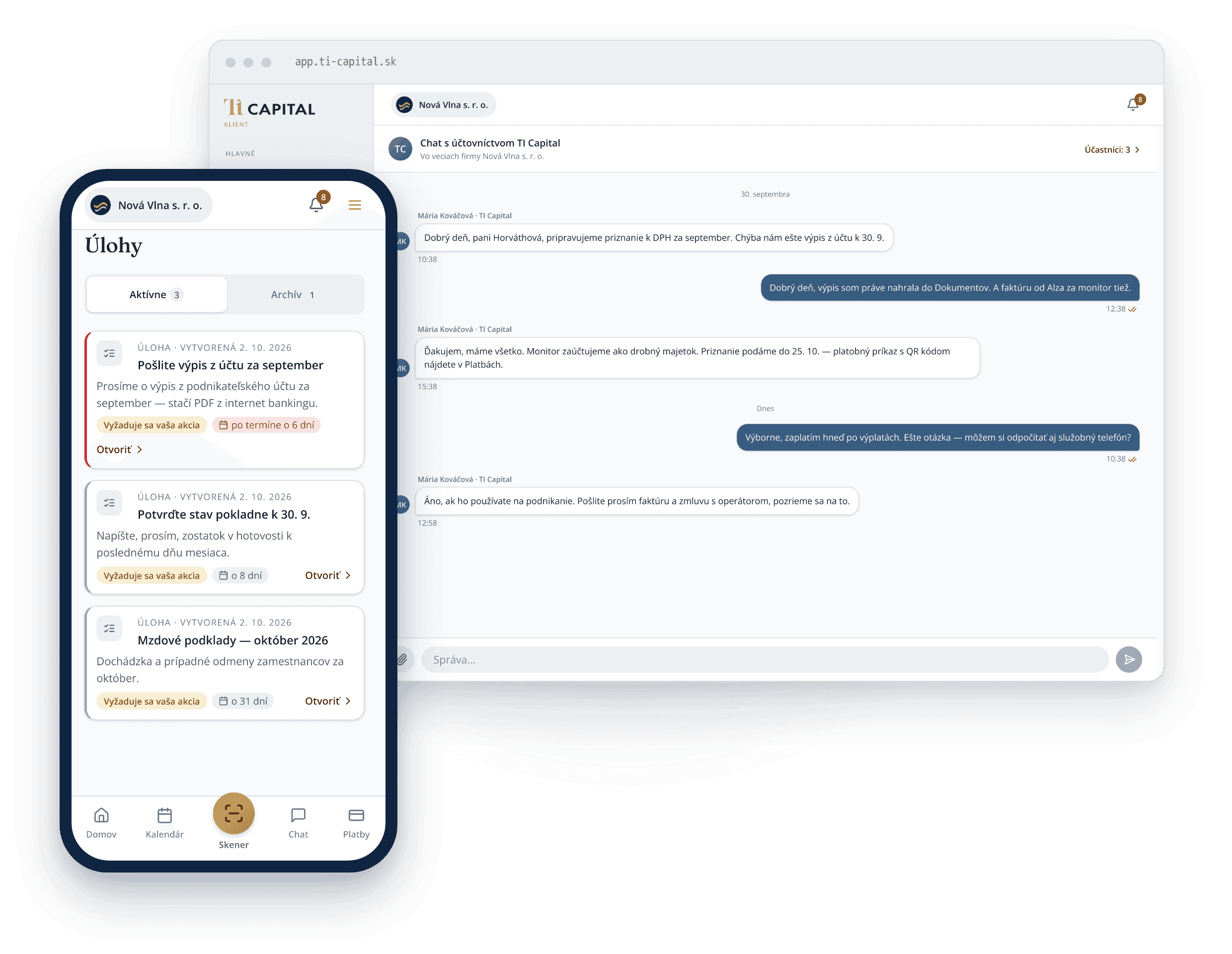 Klientsky kabinet TI Capital — chat s účtovníkom a úlohy v mobile