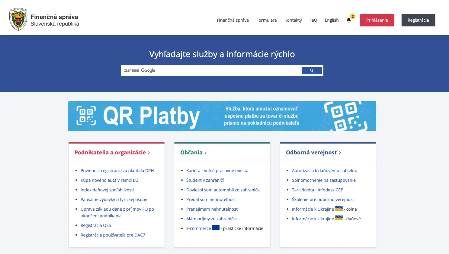 Finančná správa portal main page